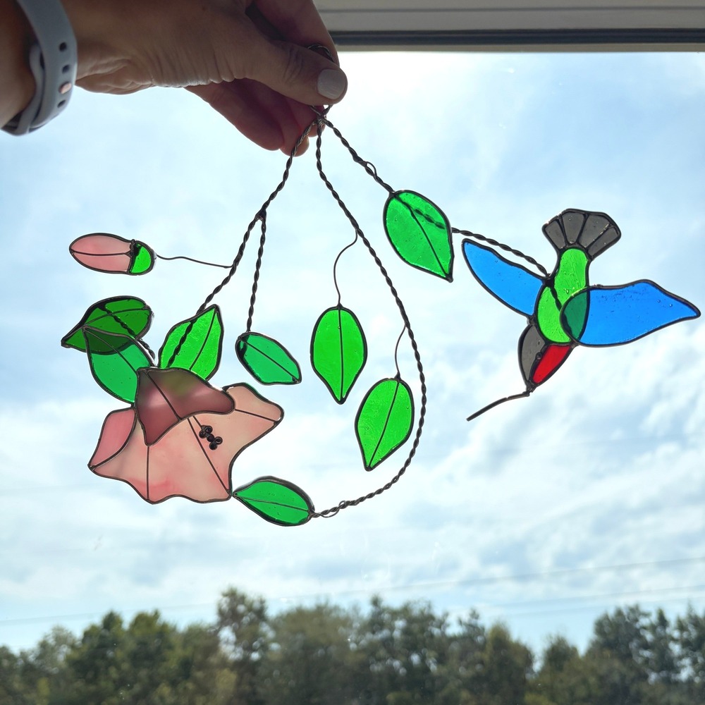 Vintage Stained Glass Hummingbird and Pink Flower Suncatcher Window Hanging Art